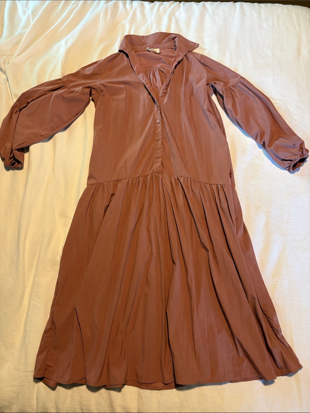 Anthropologie Mauve Tiered Button-Front Midi Dress with drop waist